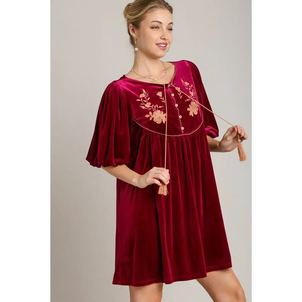Umgee Embroidered Half Sleeve Velvet Mini Dress with Tassel - R00658 - Size S - Picture 3 of 4
